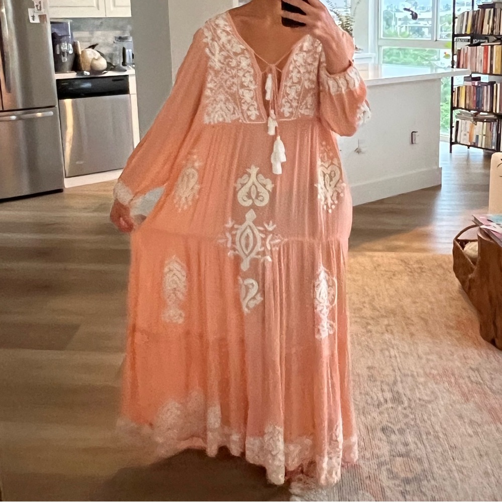 Z&L Bohemian Embroidered Peasant Long Sleeve Maxi Dress